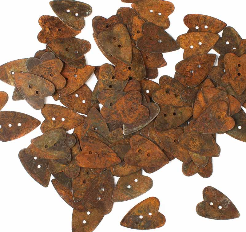 1" Rusty Tin Folk Heart Buttons- Embellishments- The Celebration Co.