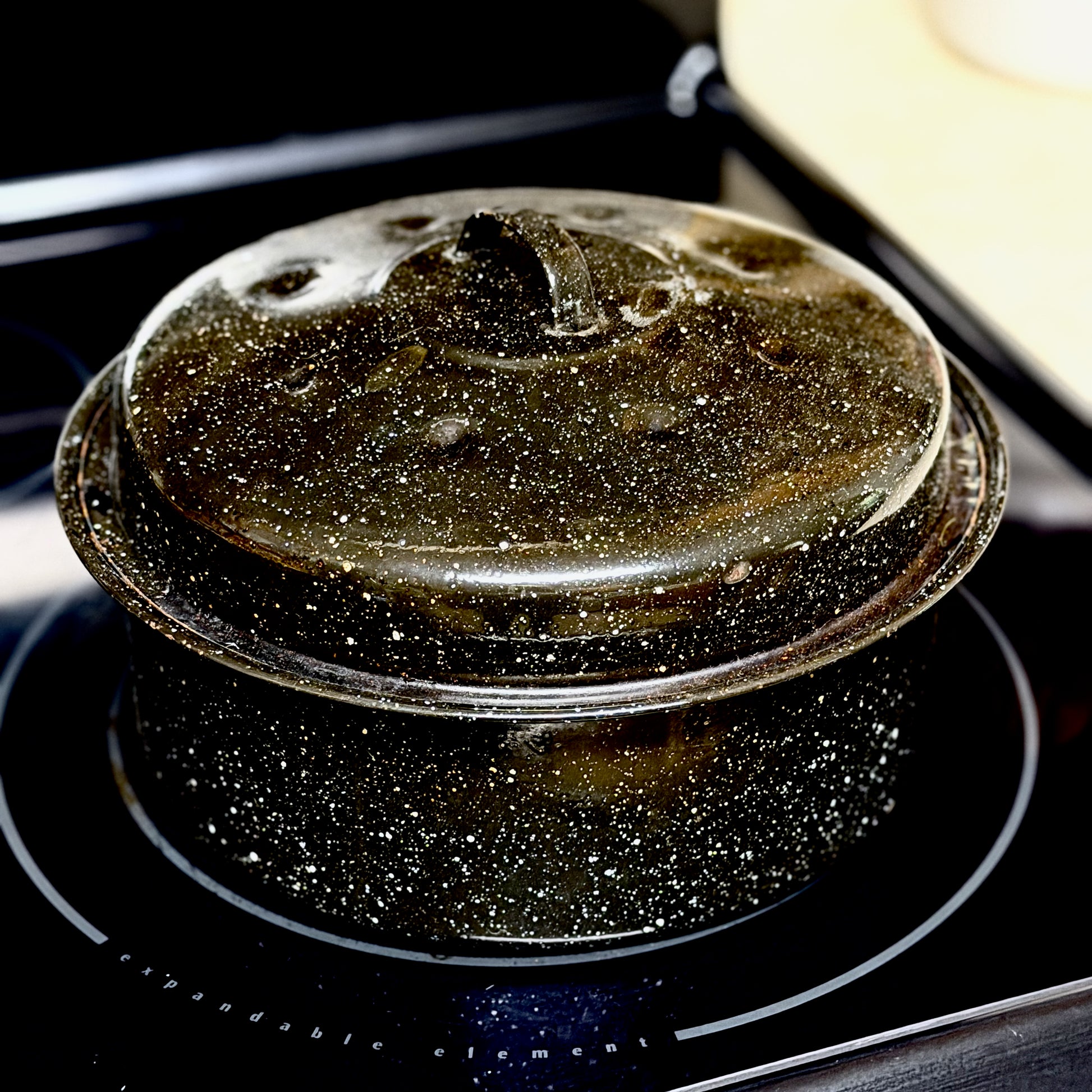 Vintage Black Speckled Enamelware Pot with Lid-  vintage- The Celebration Co.
