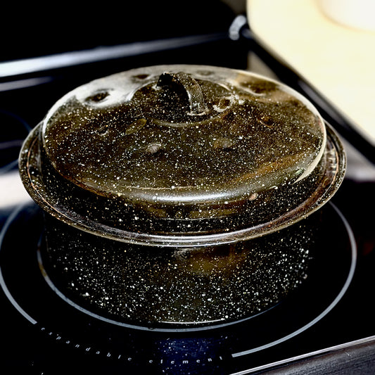 Vintage Black Speckled Enamelware Pot with Lid-  vintage- The Celebration Co.