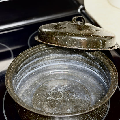 Vintage Black Speckled Enamelware Pot with Lid-  vintage- The Celebration Co.