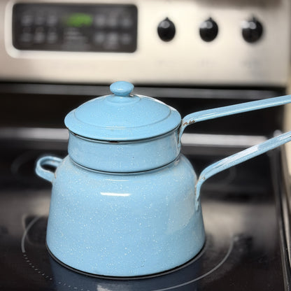 Vintage Blue Speckled Enamelware Double Boiler-  vintage- The Celebration Co.
