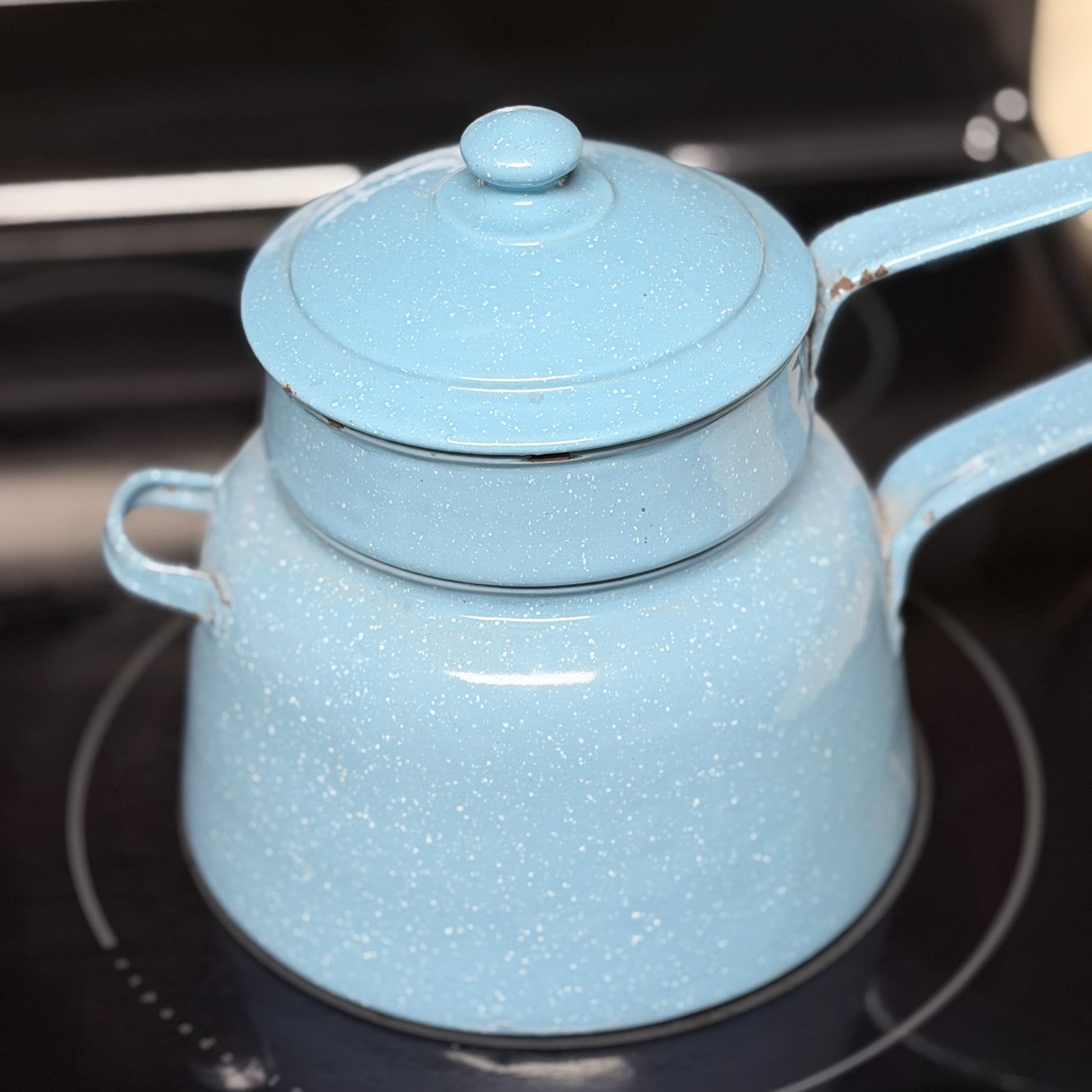 Vintage Blue Speckled Enamelware Double Boiler-  vintage- The Celebration Co.