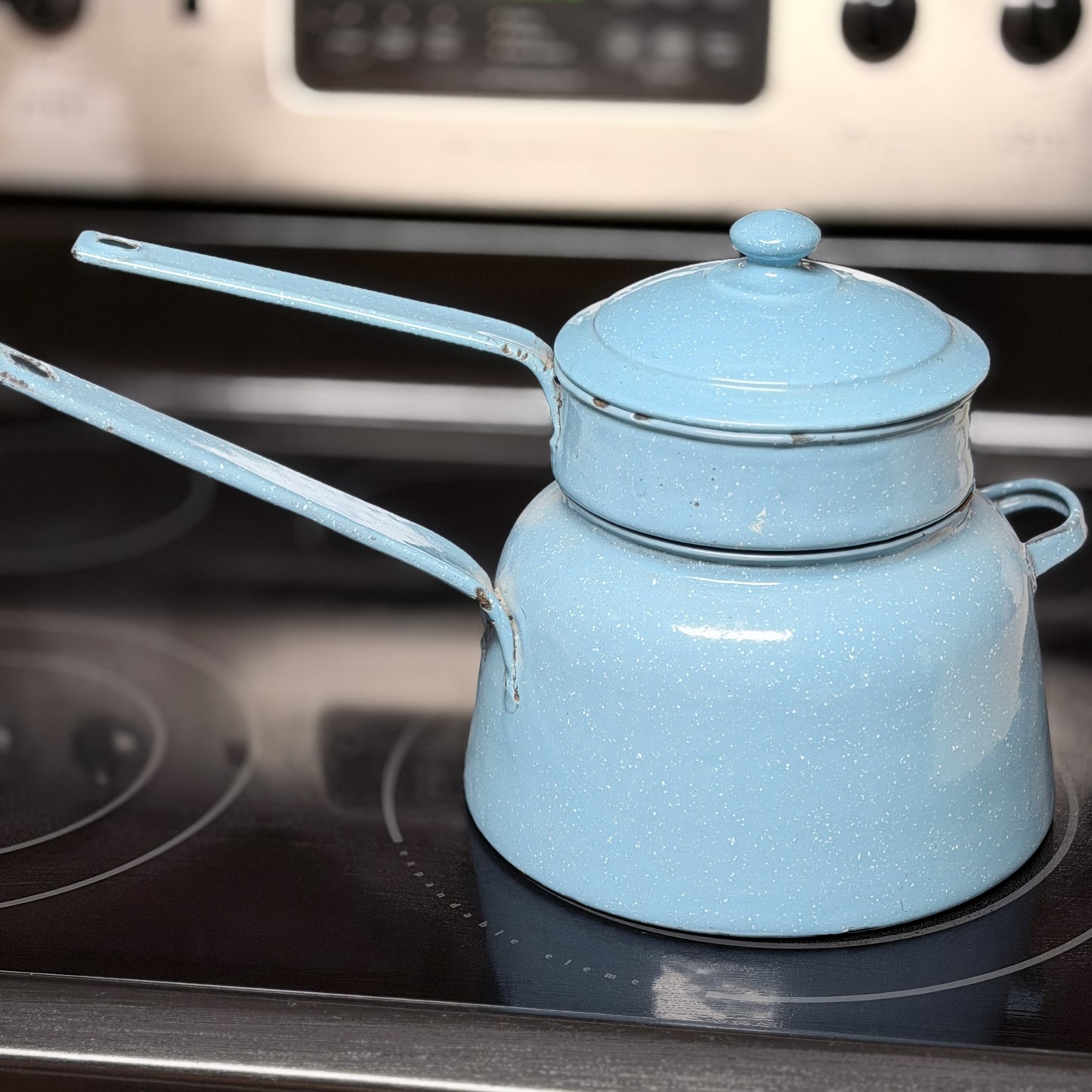 Vintage Blue Speckled Enamelware Double Boiler-  vintage- The Celebration Co.