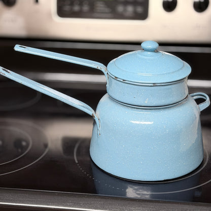 Vintage Blue Speckled Enamelware Double Boiler-  vintage- The Celebration Co.