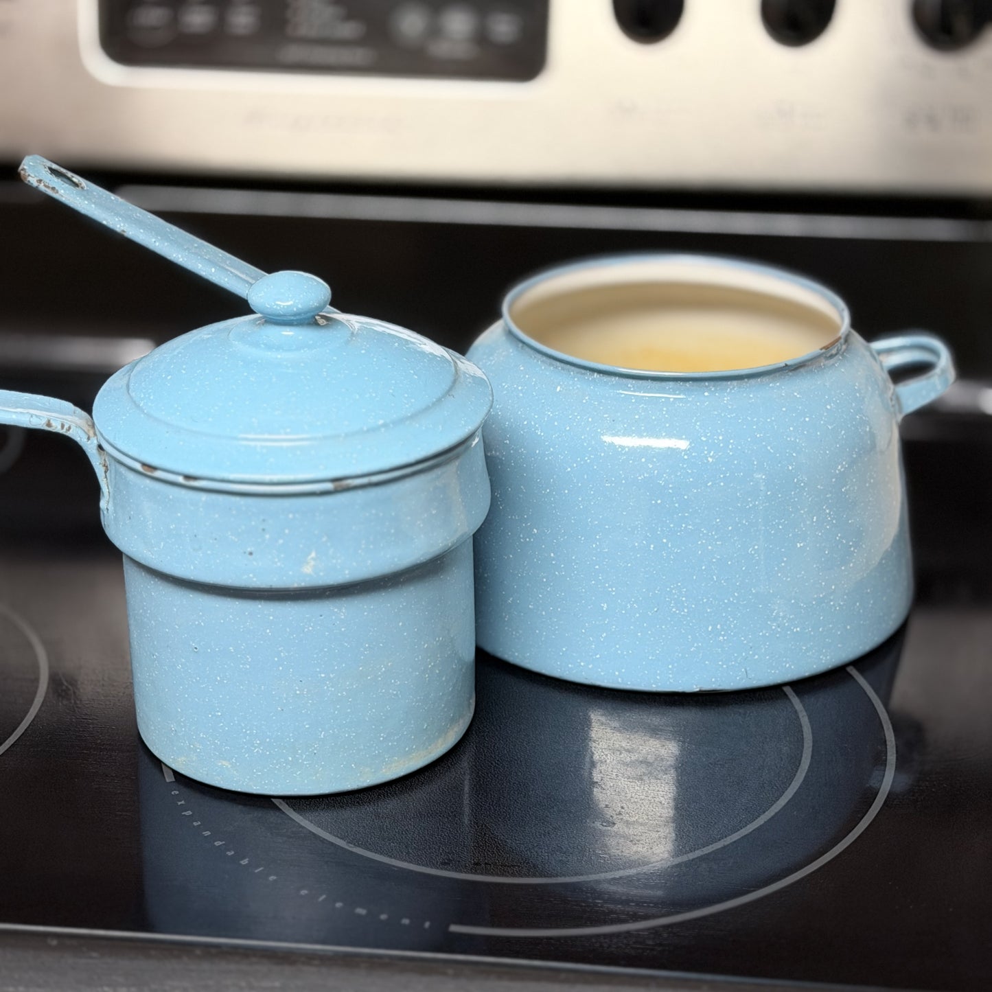 Vintage Blue Speckled Enamelware Double Boiler-  vintage- The Celebration Co.
