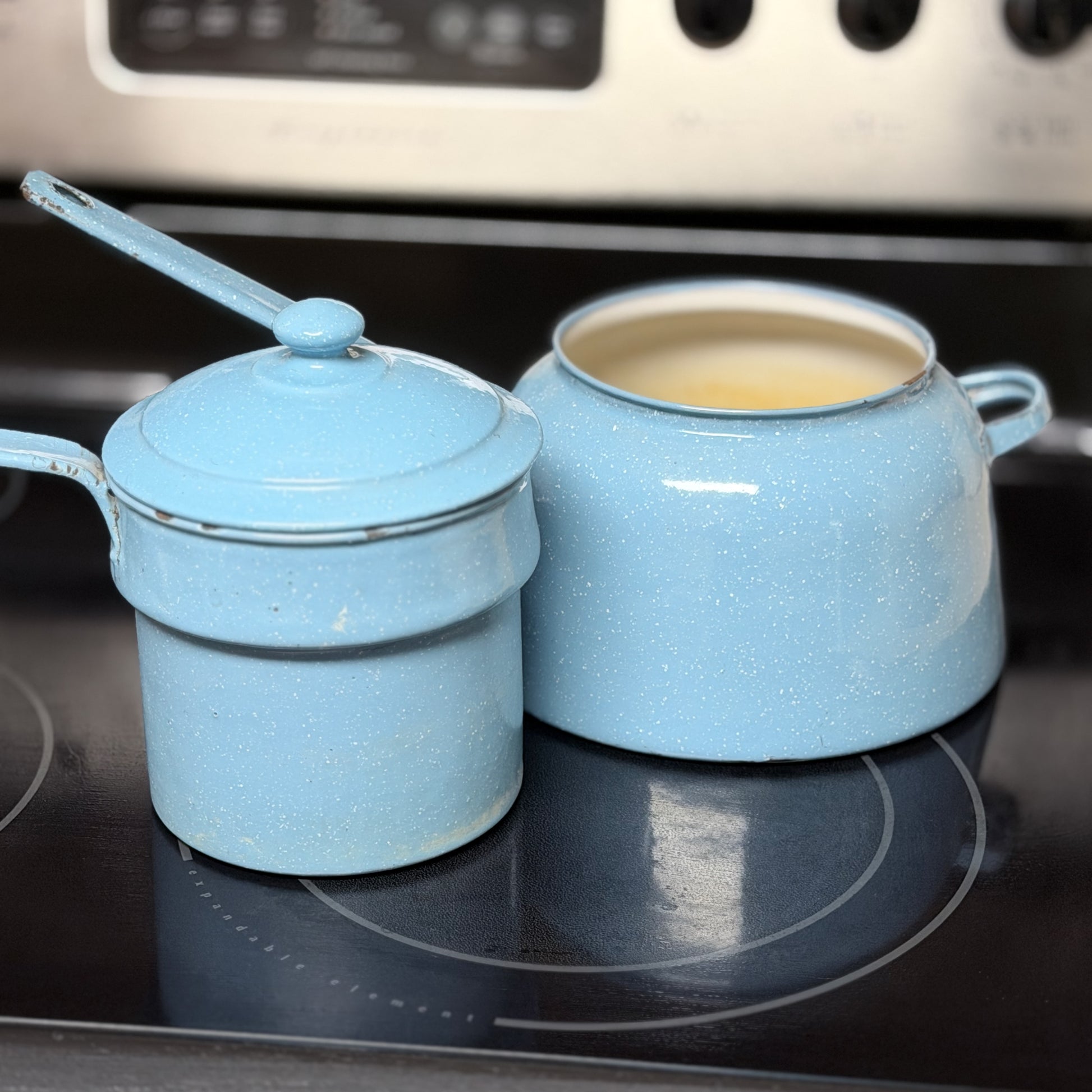 Vintage Blue Speckled Enamelware Double Boiler-  vintage- The Celebration Co.