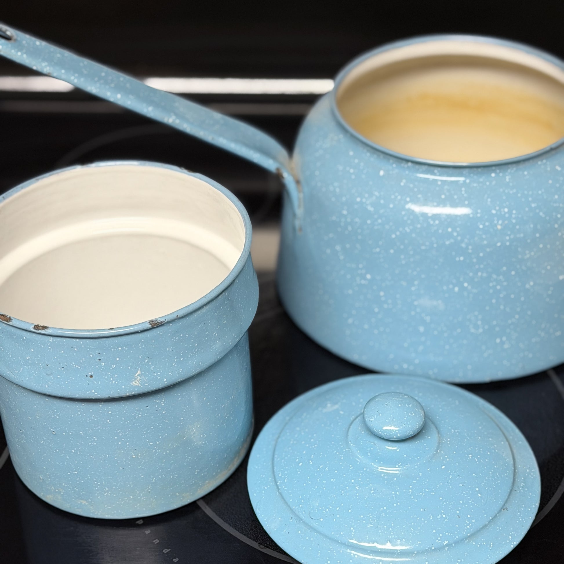 Vintage Blue Speckled Enamelware Double Boiler-  vintage- The Celebration Co.