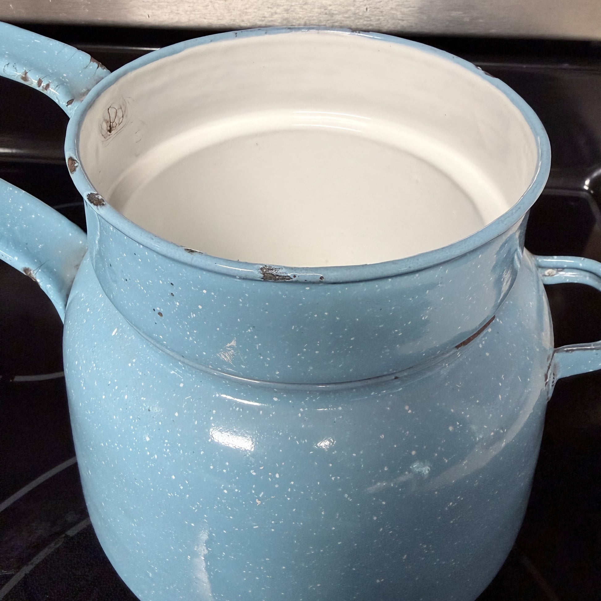 Vintage Blue Speckled Enamelware Double Boiler-  vintage- The Celebration Co.