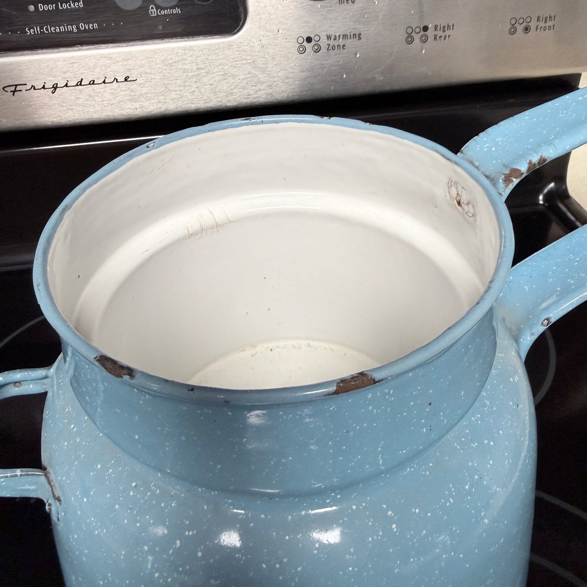 Vintage Blue Speckled Enamelware Double Boiler-  vintage- The Celebration Co.