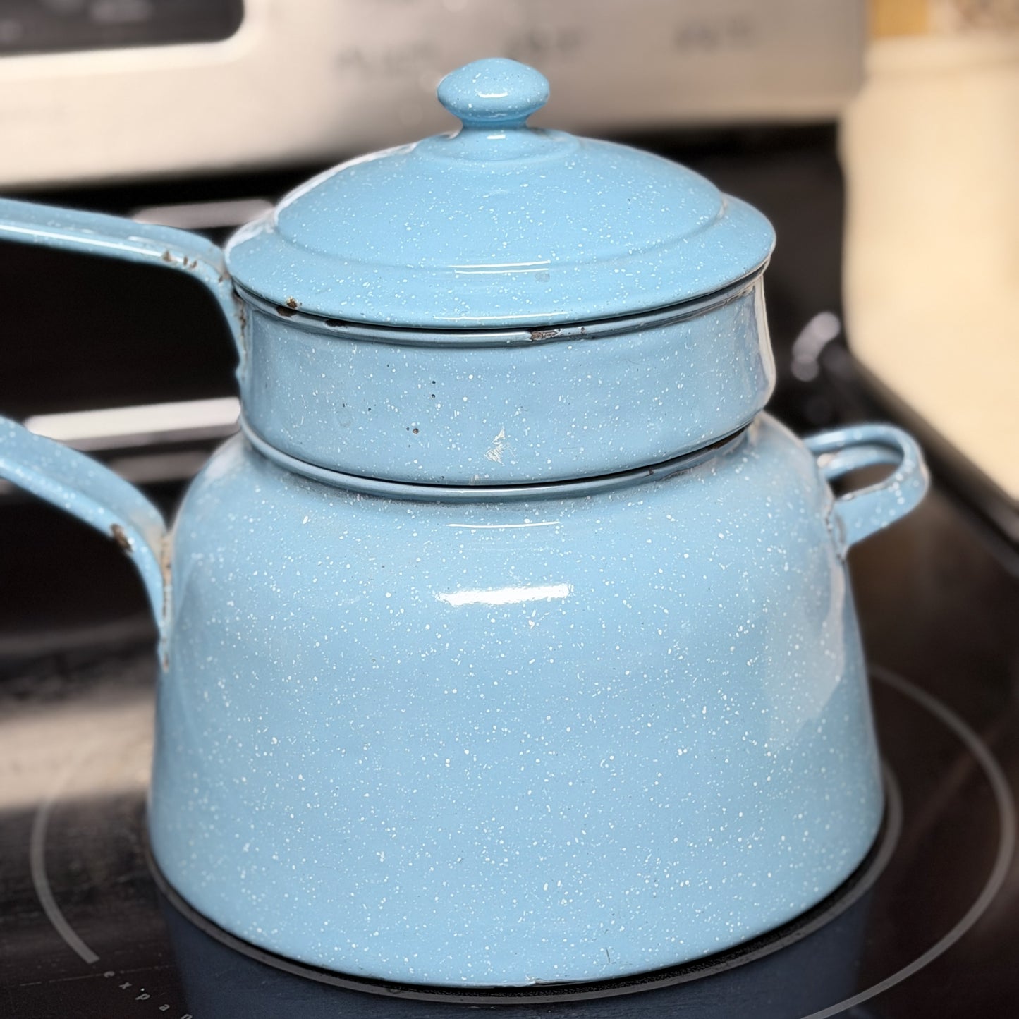 Vintage Blue Speckled Enamelware Double Boiler-  vintage- The Celebration Co.