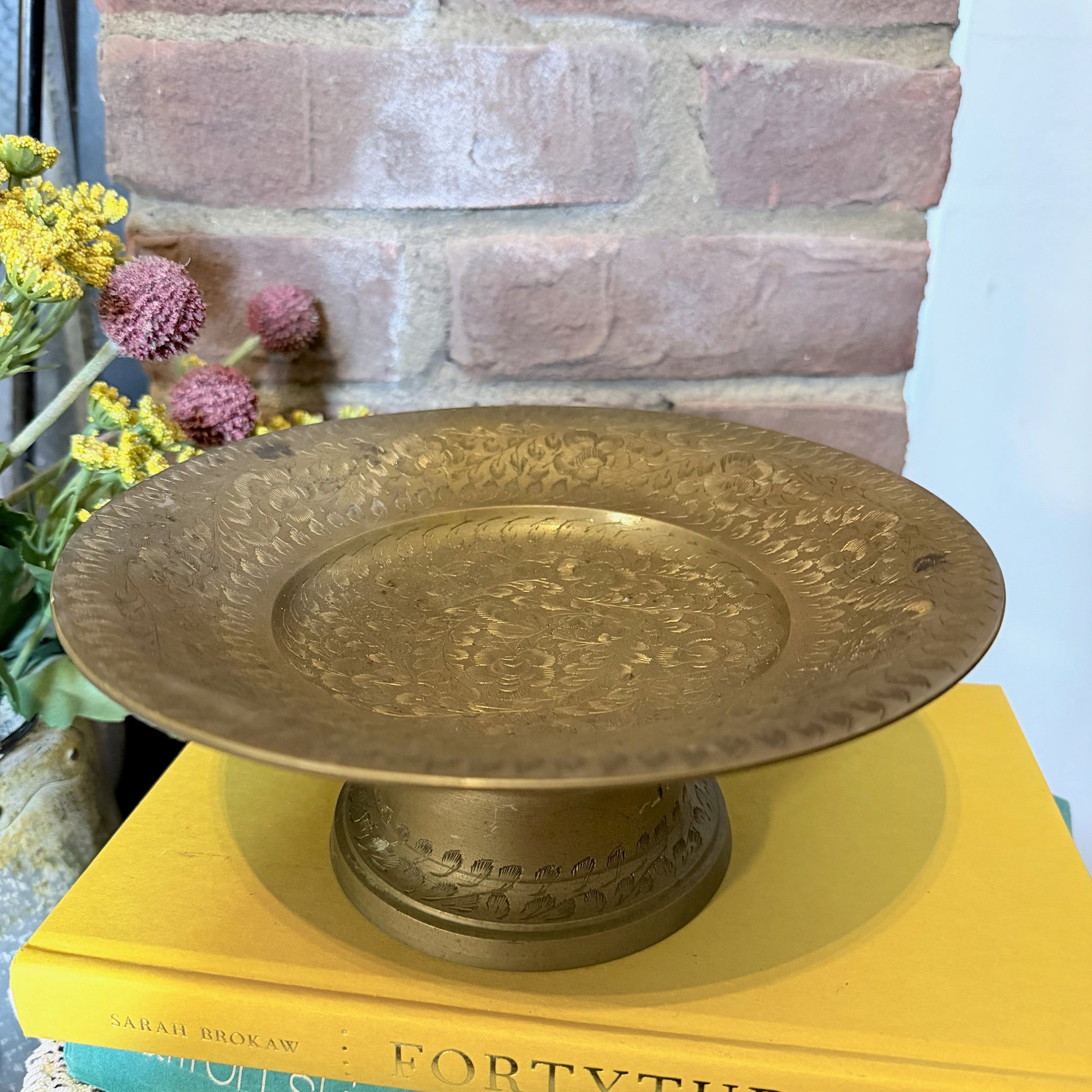 Vintage Etched Brass Pedestal Bowl-  vintage- The Celebration Co.