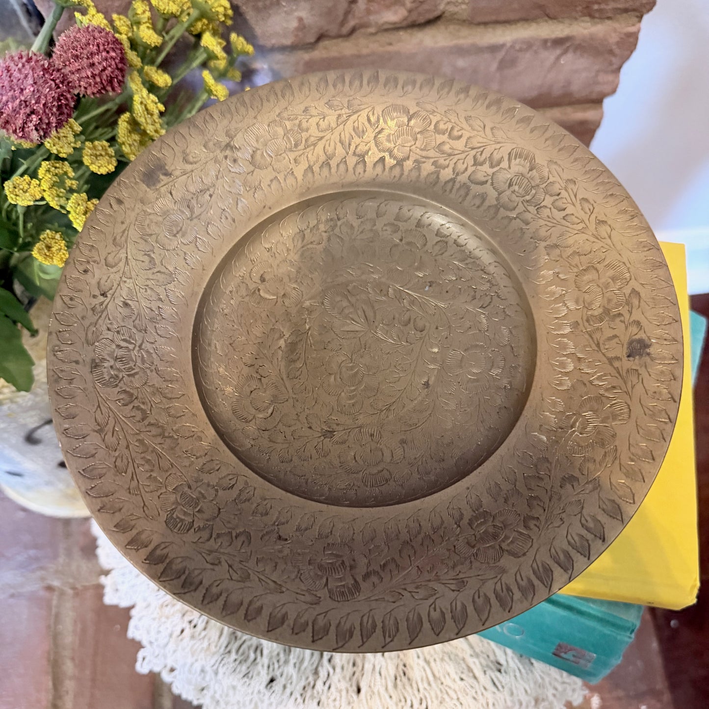Vintage Etched Brass Pedestal Bowl-  vintage- The Celebration Co.