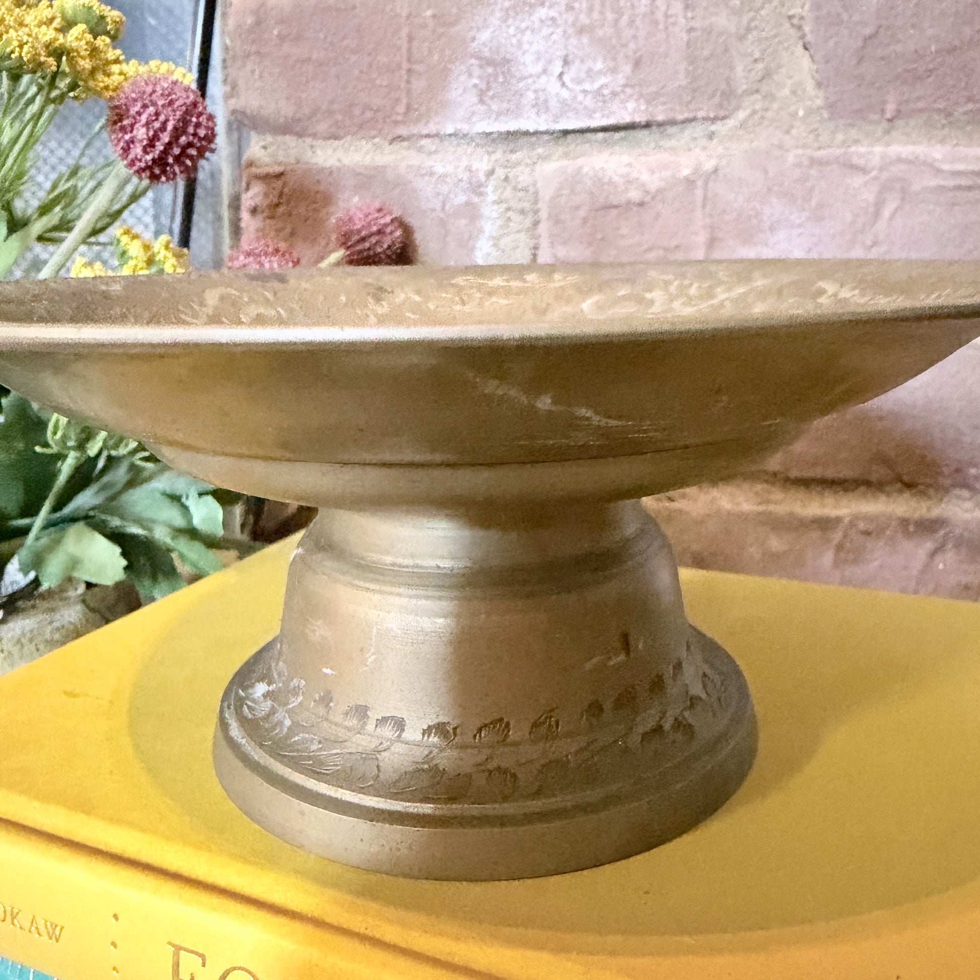 Vintage Etched Brass Pedestal Bowl-  vintage- The Celebration Co.