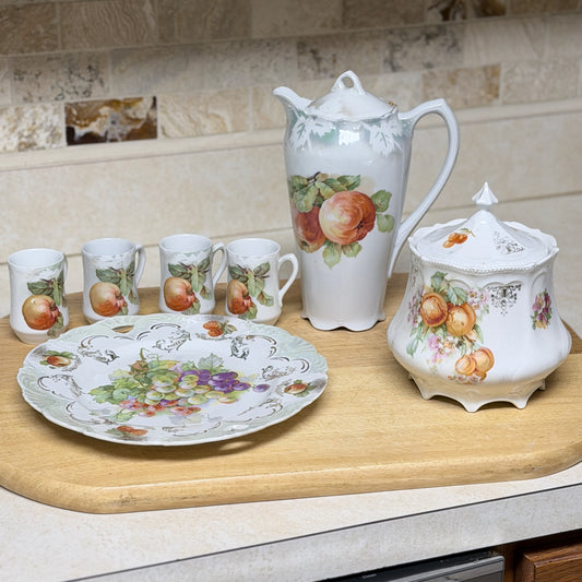 Vintage Carl Schumann Bavaria-Inspired Porcelain Set with Fruit Motif Pitcher, Cups, Covered Canister & Plate-  vintage- The Celebration Co.