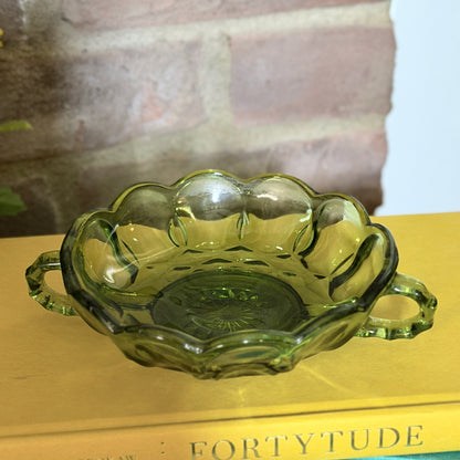 Vintage Anchor Hocking Glass Thumbprint Green Bowl With Handles-  vintage- The Celebration Co.
