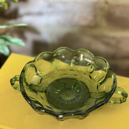 Vintage Anchor Hocking Glass Thumbprint Green Bowl With Handles-  vintage- The Celebration Co.
