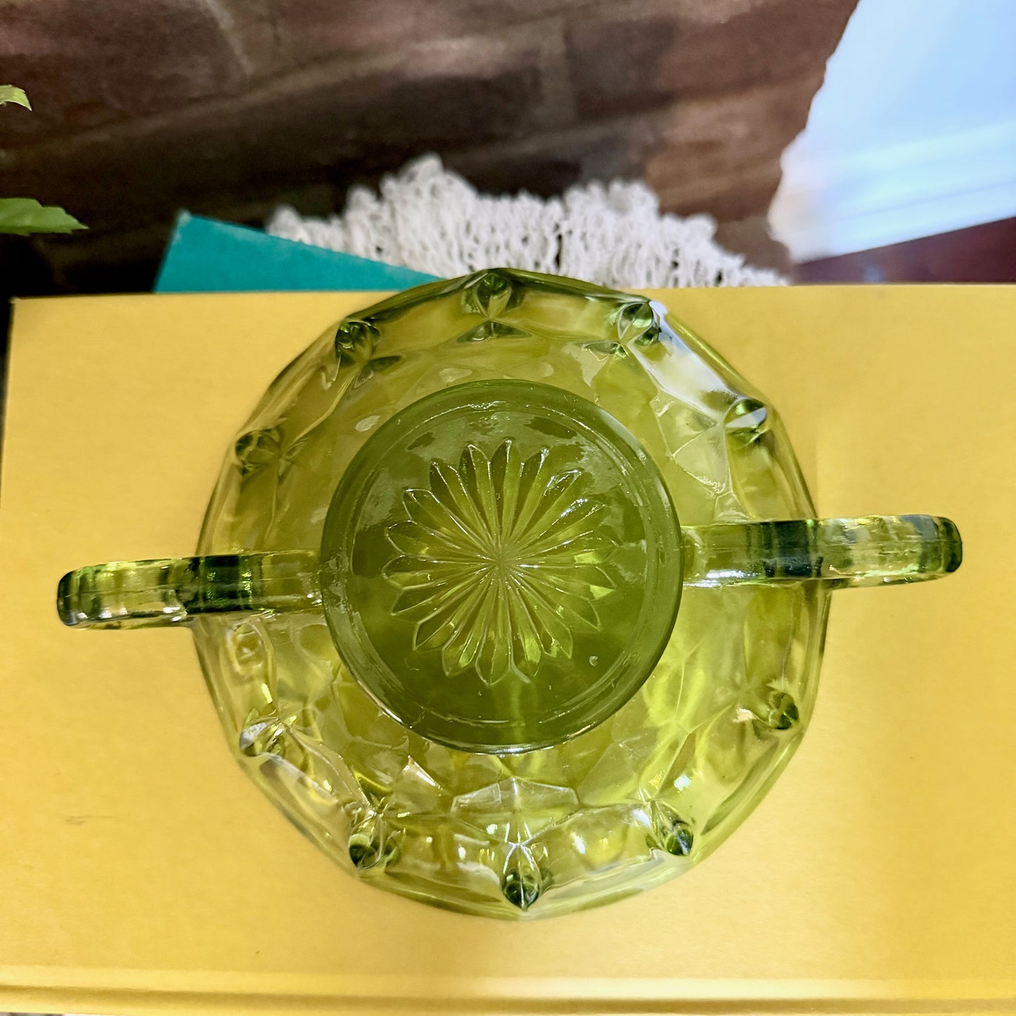 Vintage Anchor Hocking Glass Thumbprint Green Bowl With Handles-  vintage- The Celebration Co.