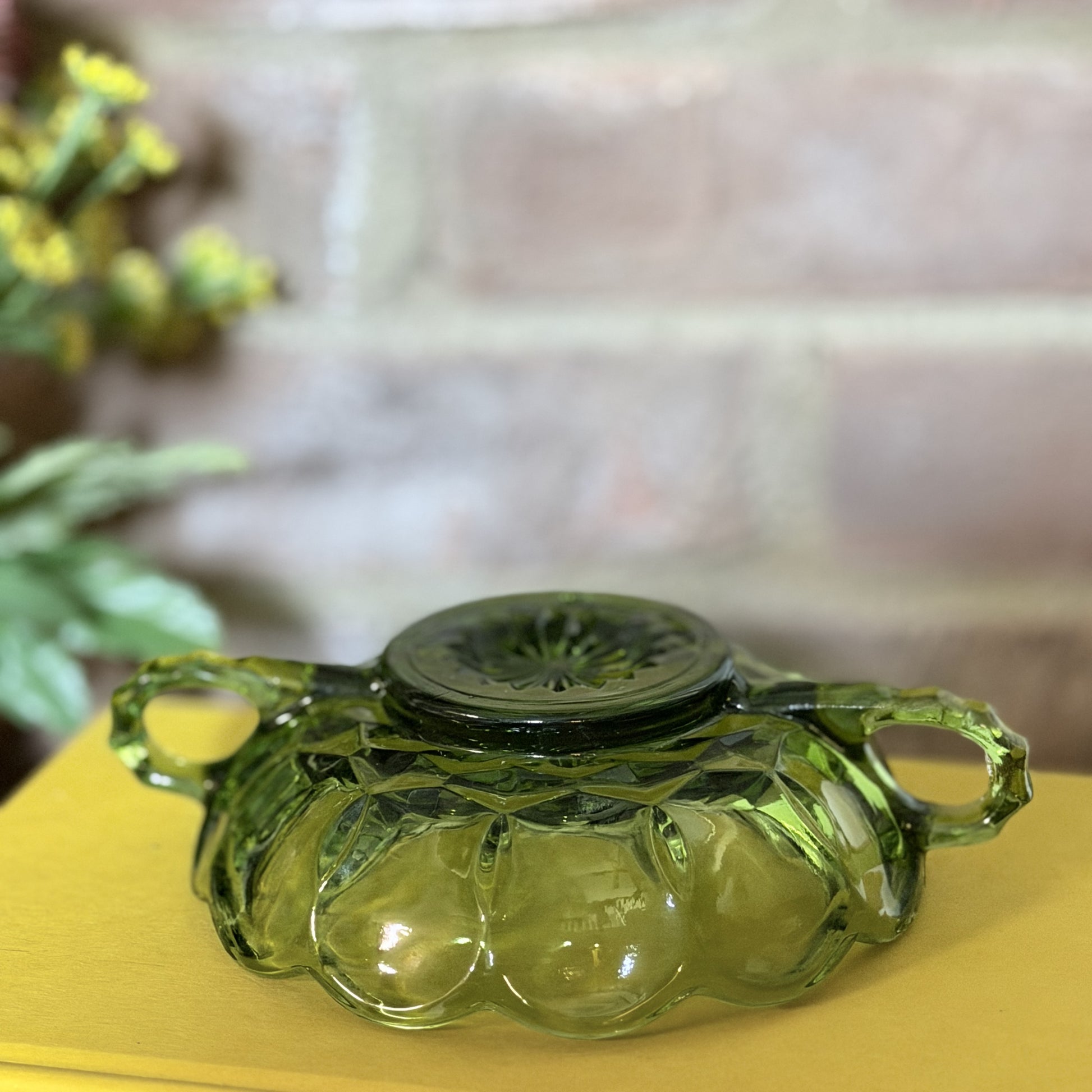 Vintage Anchor Hocking Glass Thumbprint Green Bowl With Handles-  vintage- The Celebration Co.