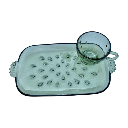 Vintage Green Glass Tray & Cup Snack Set