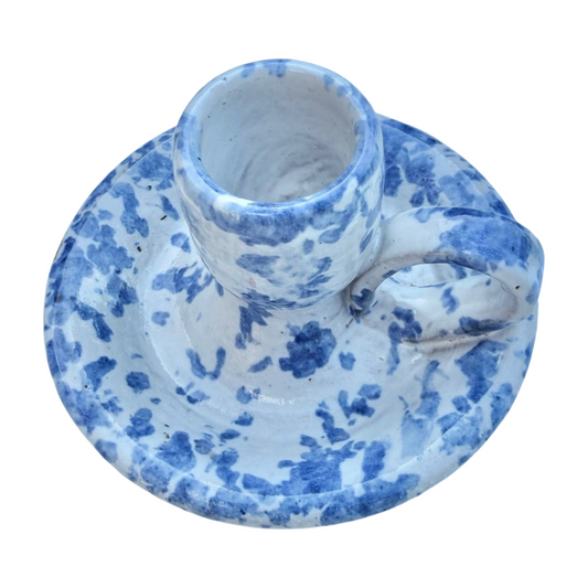 Vintage Bybee Pottery Blue & White Spongeware Candle Holder