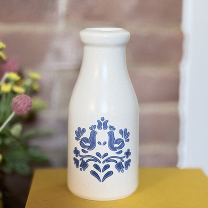 Vintage Stoneware Milk Bottle Vase with Blue Folk Art Bird Design-  vintage- The Celebration Co.