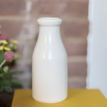 Vintage Stoneware Milk Bottle Vase with Blue Folk Art Bird Design-  vintage- The Celebration Co.