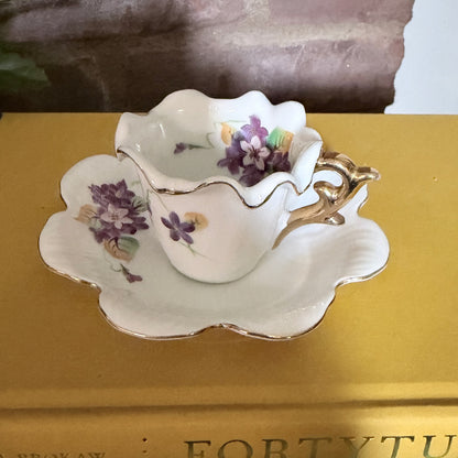 Vintage Porcelain Demitasse Cup and Saucer Set with Spring Violets and Gold Trim-  vintage- The Celebration Co.