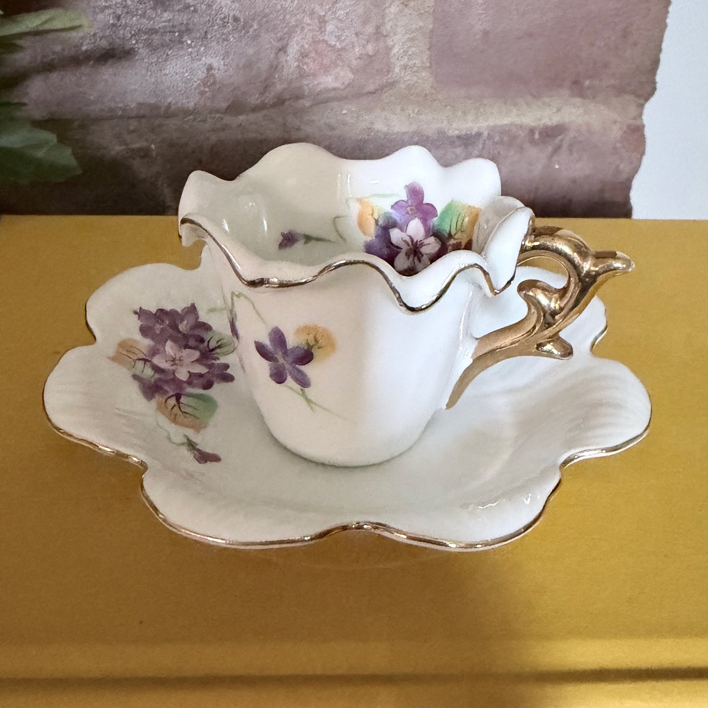 Vintage Porcelain Demitasse Cup and Saucer Set with Spring Violets and Gold Trim-  vintage- The Celebration Co.
