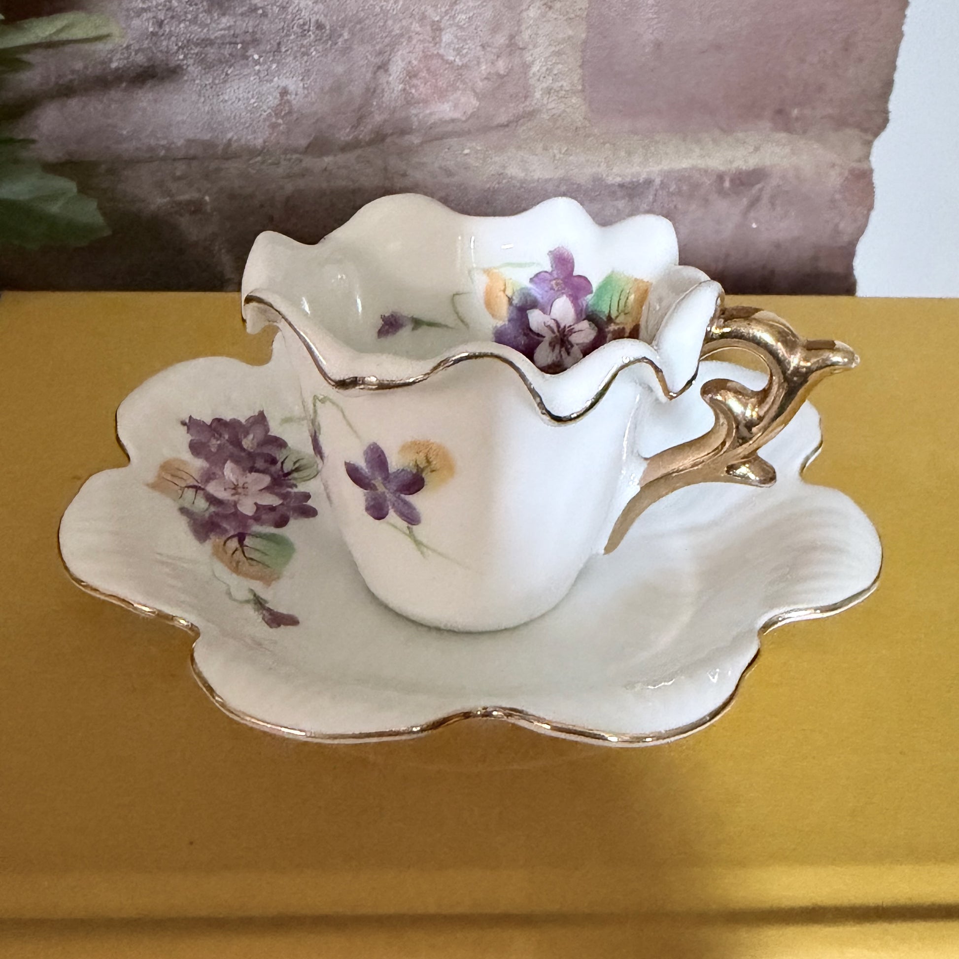 Vintage Porcelain Demitasse Cup and Saucer Set with Spring Violets and Gold Trim-  vintage- The Celebration Co.