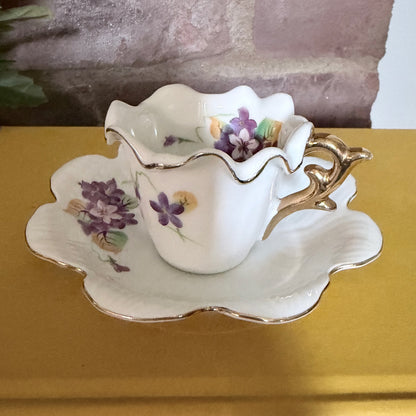 Vintage Porcelain Demitasse Cup and Saucer Set with Spring Violets and Gold Trim-  vintage- The Celebration Co.