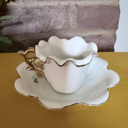 Vintage Porcelain Demitasse Cup and Saucer Set with Spring Violets and Gold Trim-  vintage- The Celebration Co.