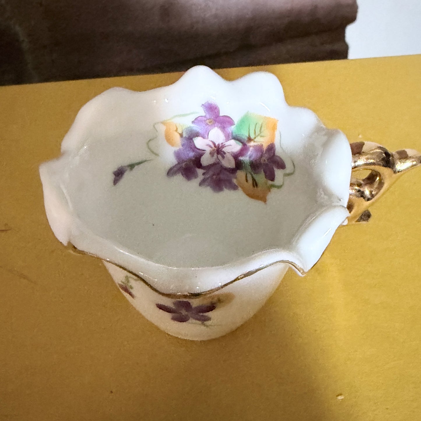 Vintage Porcelain Demitasse Cup and Saucer Set with Spring Violets and Gold Trim-  vintage- The Celebration Co.