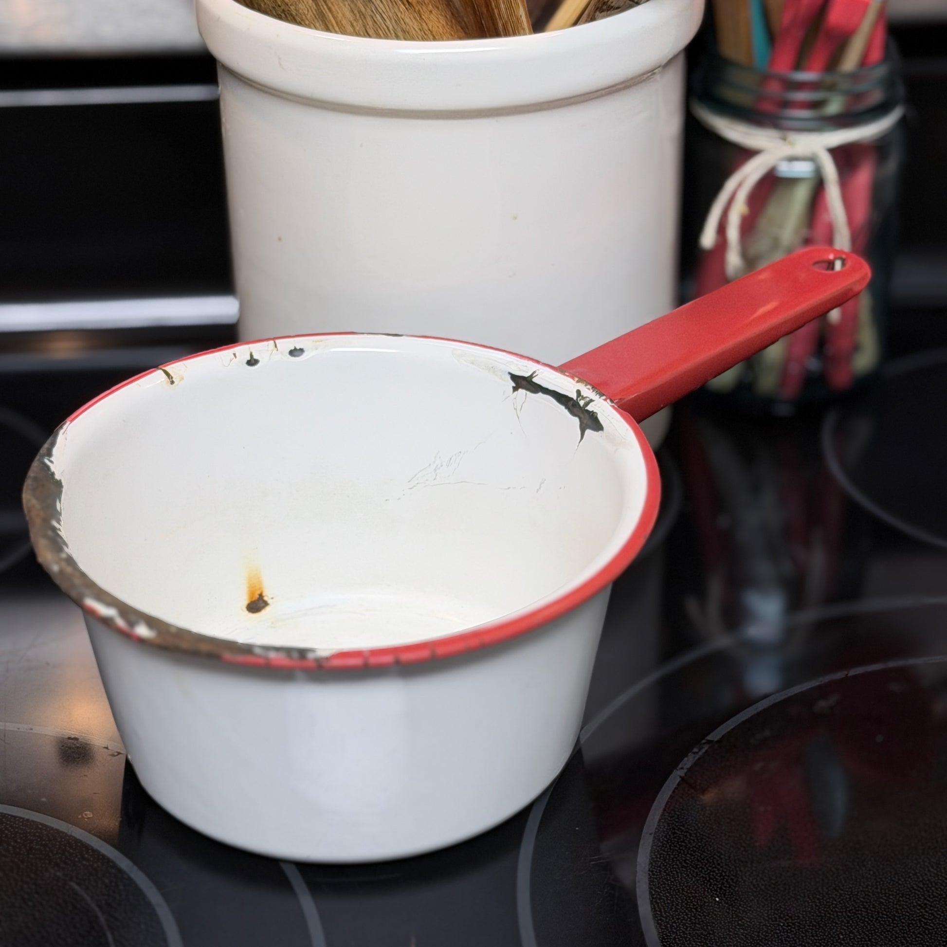 Vintage Red and White Enamelware Pan-  vintage- The Celebration Co.