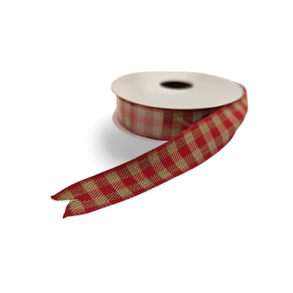 Red Gingham Wired Edge Ribbon – 7/8" x 10 Yards (Red & White or Red & Tan)