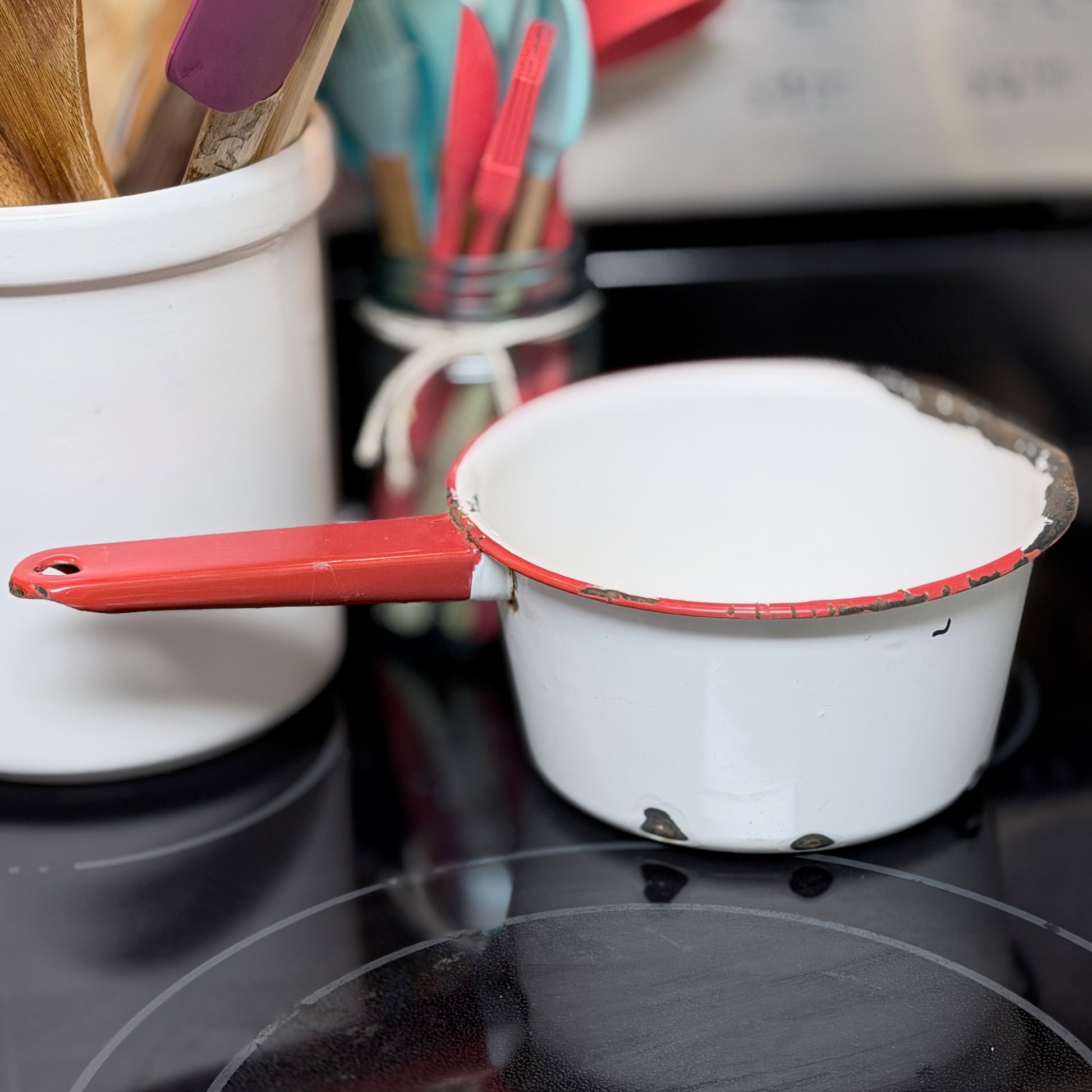 Vintage Red and White Enamelware Pan-  vintage- The Celebration Co.