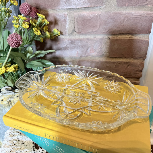 Vintage Clear Pressed Glass Divided Relish Dish in Star of David Pattern-  vintage- The Celebration Co.